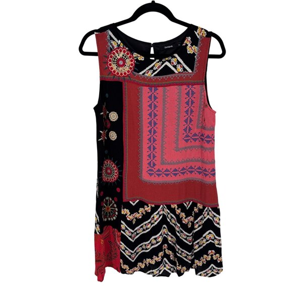 Desigual Ethnic Print Creta Dress‎ Womens 38 Small Black Viscose Patchwork Boho - Picture 1 of 8